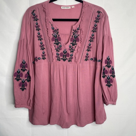 Roller Rabbit Embroidered Pink Boho Peasant floral Blouse Gauze Sz S - Picture 1 of 7